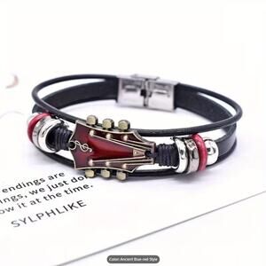 Vintage Guitar Head Bracelet Red Accent – Leather Music Bracelet for Men Women